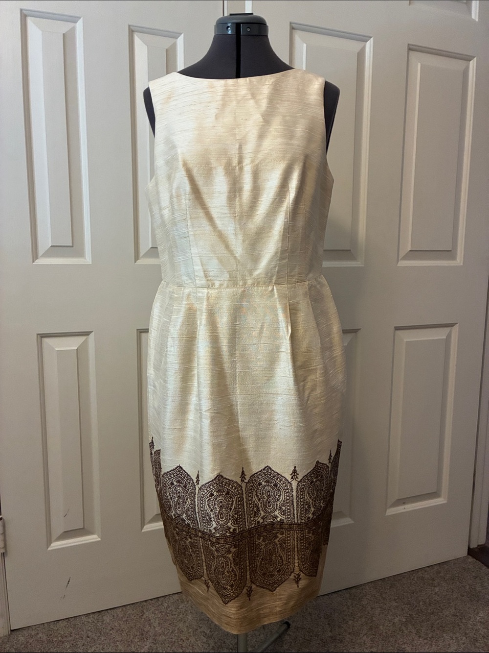 Kay Unger Ivory Sheath Dress with Brown Ornate Hem